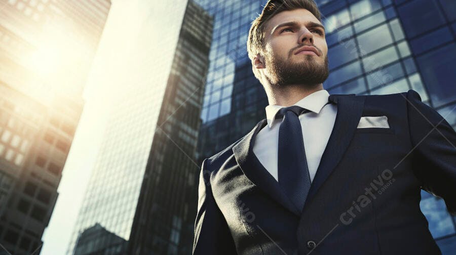 Jovem empresário com barba em terno azul-marinho olhando para o futuro na cidade