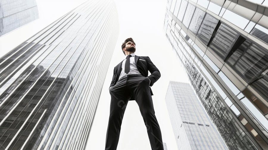 Homem empresário de terno preto entre arranha-céus modernos e céu claro