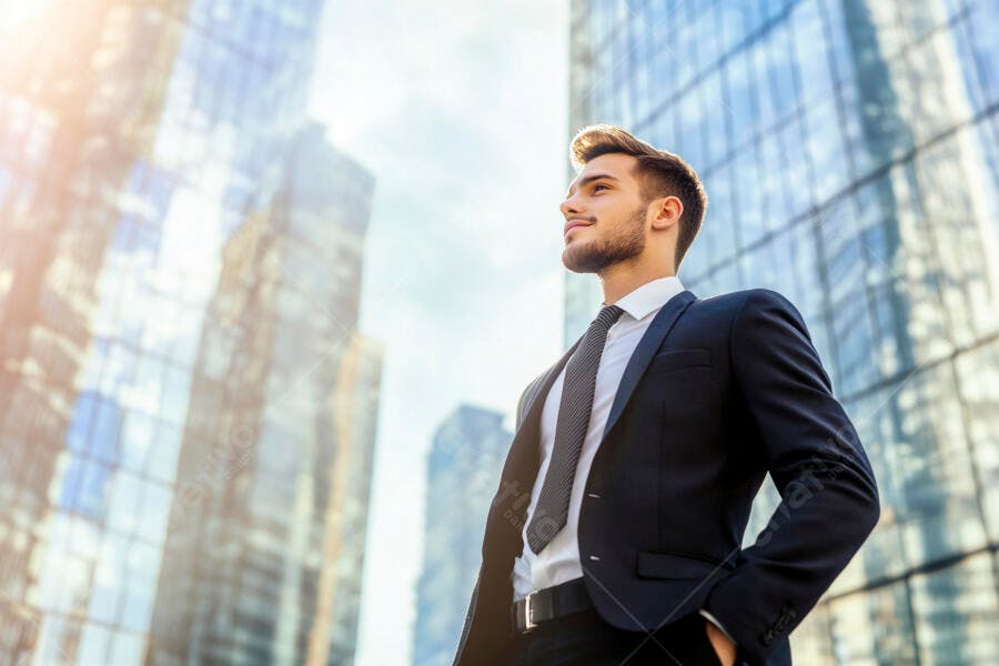 Homem de negócios de terno preto sorrindo no centro financeiro