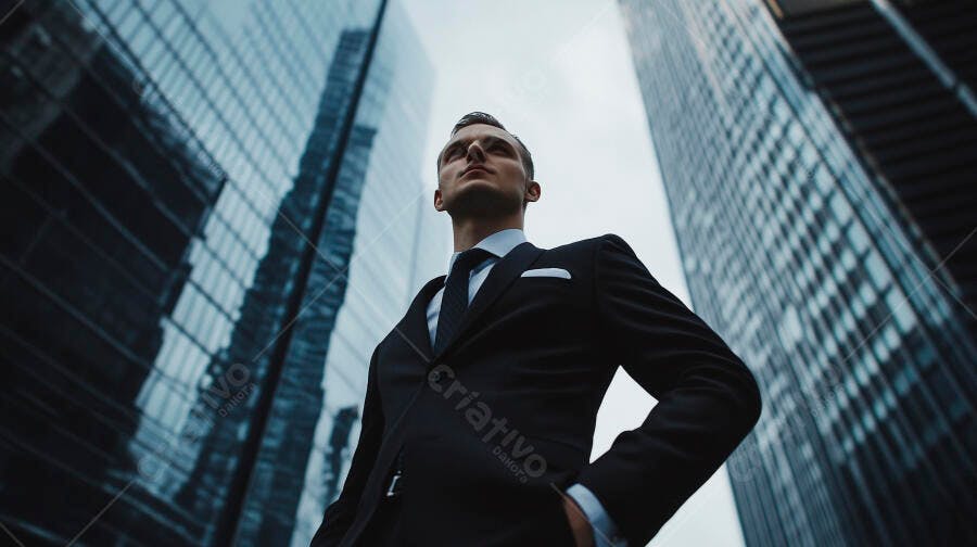 Homem de negócios confiante terno azul escuro em cidade moderna