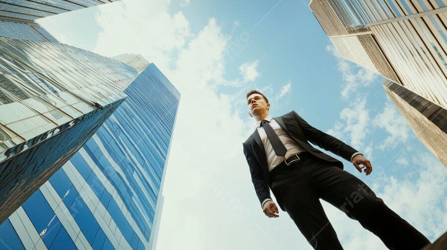 Jovem empresário de terno preto em meio a arranha-céus urbanos