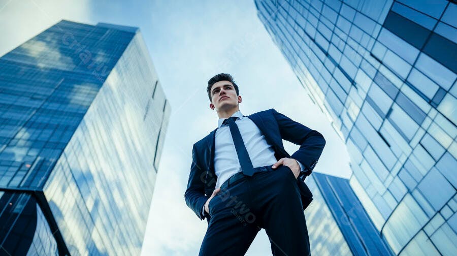 Homem jovem empresário confiante em terno azul entre prédios corporativos