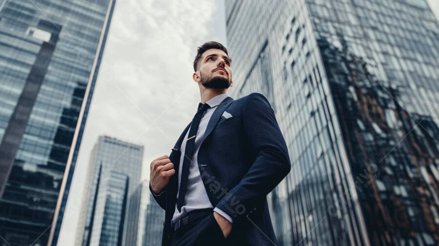 Homem de terno azul em centro financeiro urbano olhando para cima