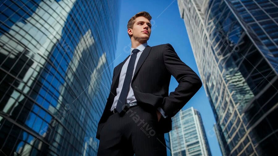 Jovem empresário em terno escuro e gravata diante de arranha-céus modernos