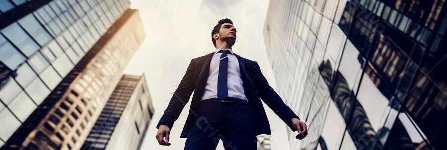 Empresário confiante em terno azul entre arranha-céus modernos