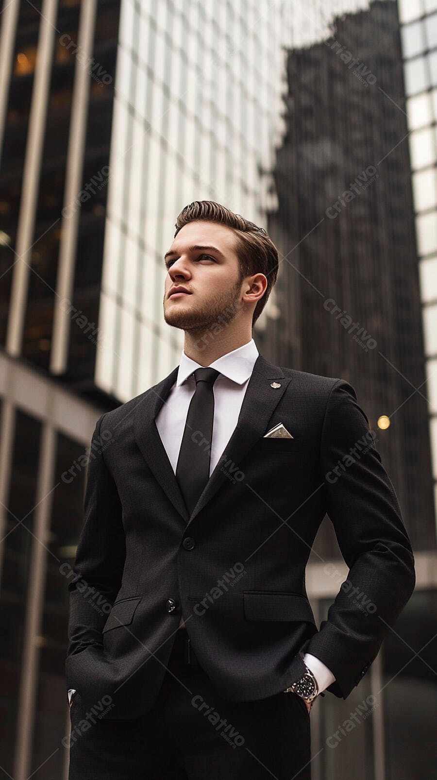 Jovem empresário em terno preto confiante em distrito financeiro urbano