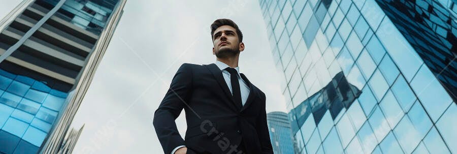 Homem de negócios caucasiano de terno preto em frente a prédios modernos na cidade
