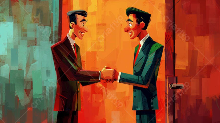 Homens de negócios apertando as mãos em ilustração vibrante de cores quentes e frias