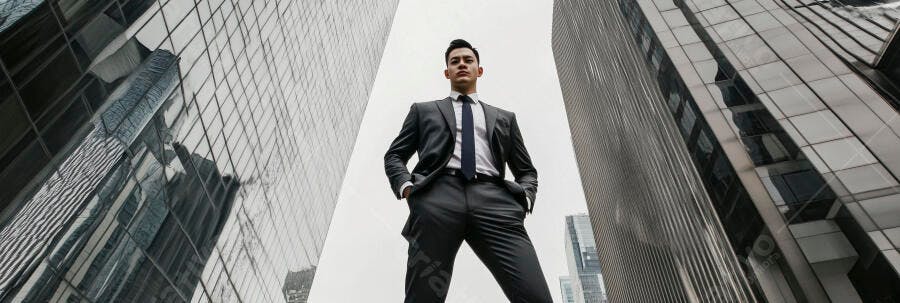 Homem asiático executivo de terno cinza em centro financeiro urbano