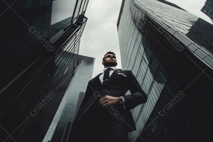 Homem de negócios terno escuro olhando para cima entre arranha-céus urbanos