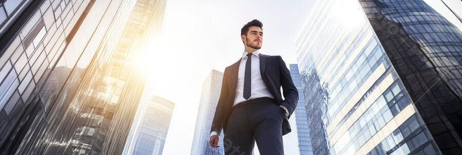 Homem de negócios confiante em terno azul no centro financeiro ensolarado