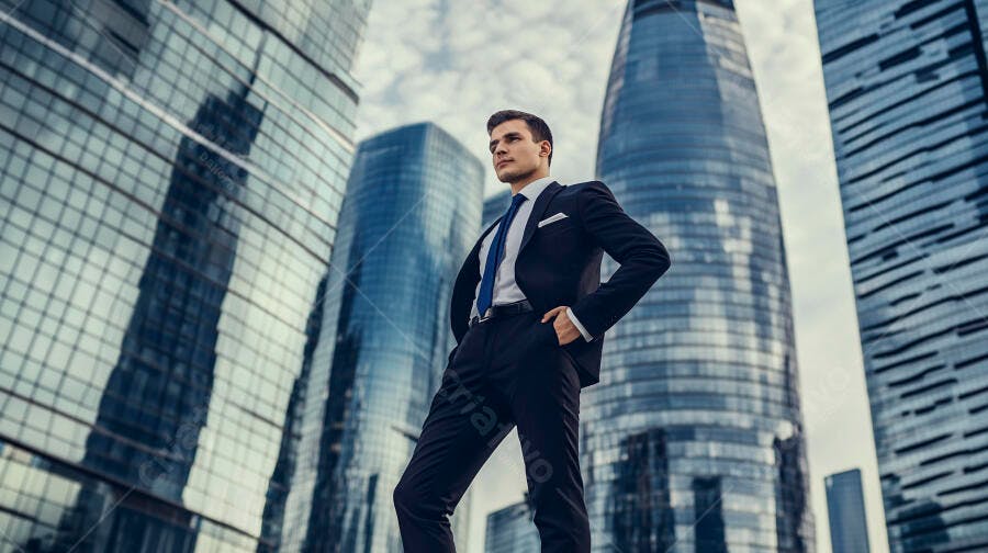 Homem executivo confiante em terno azul e preto no centro financeiro
