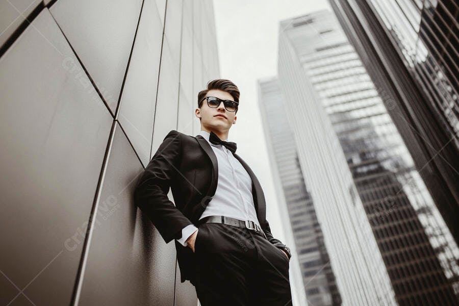 Jovem empresário caucasiano de terno preto e óculos escuros em centro urbano