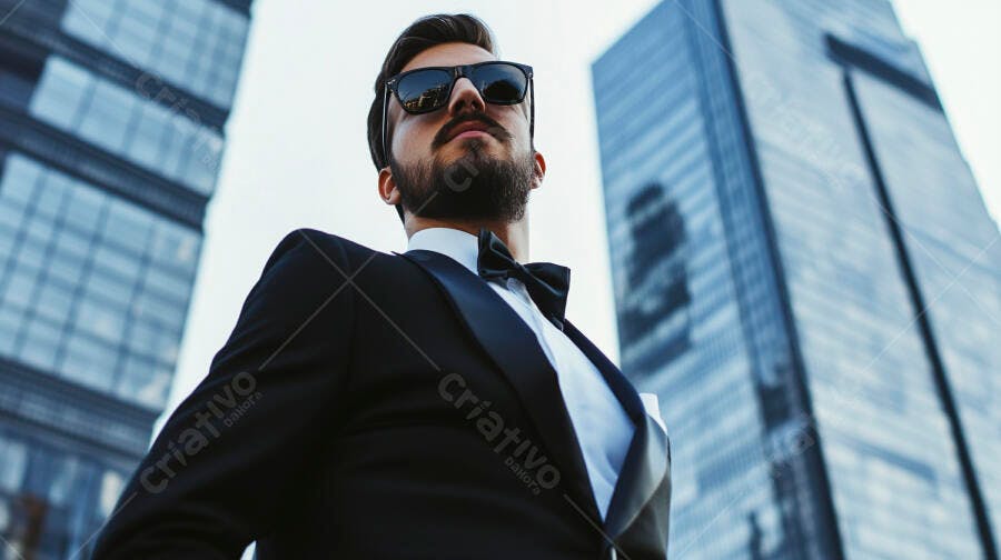 Homem caucasiano de terno preto e óculos escuros em cenário urbano de negócios