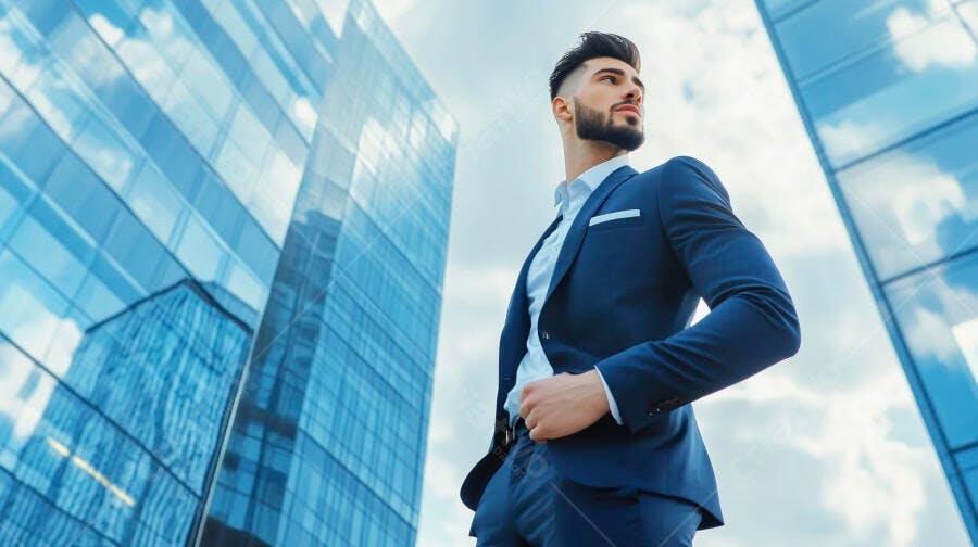 Homem jovem de terno azul marinho com barba em frente a prédios de vidro modernos