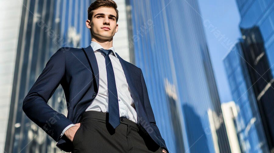 Jovem empresário caucasiano em terno azul marinho com arranha-céus urbanos