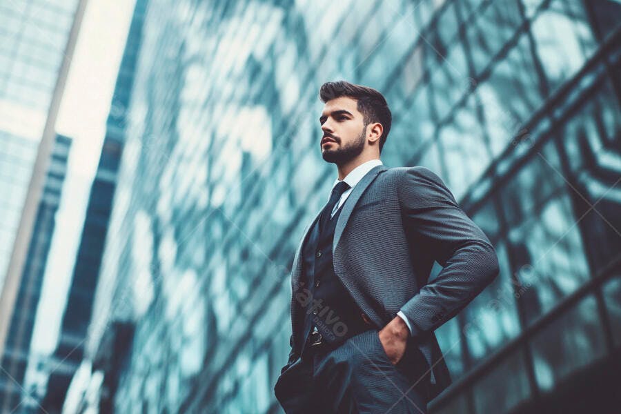 Homem empresário caucasiano de terno cinza posando em frente a prédio de vidro urbano