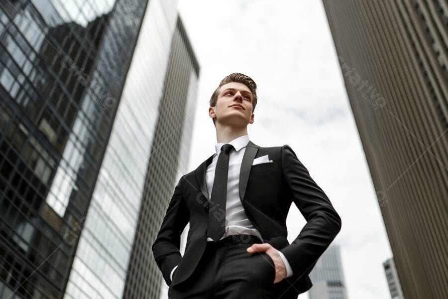 Homem jovem de terno preto confiante em Nova York olhando para o futuro