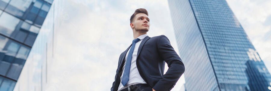 Jovem empresário caucasiano de terno azul com gravata azul entre arranha-céus