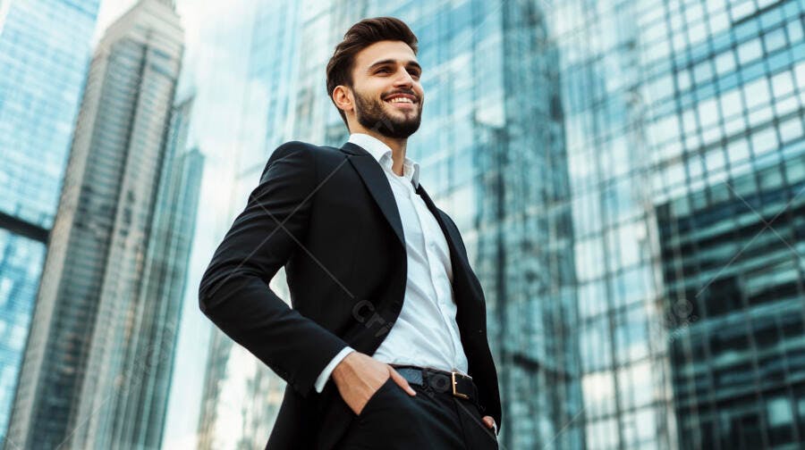 Homem moreno de barba com terno preto sorrindo em frente a prédios corporativos