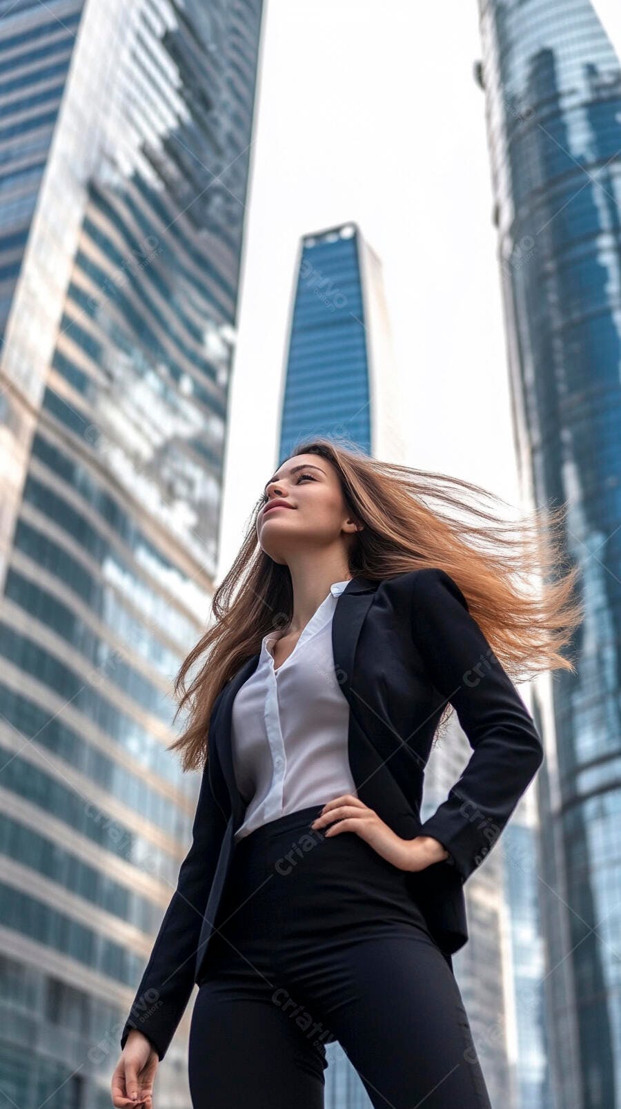 Mulher executiva confiante em blazer preto no centro financeiro urbano
