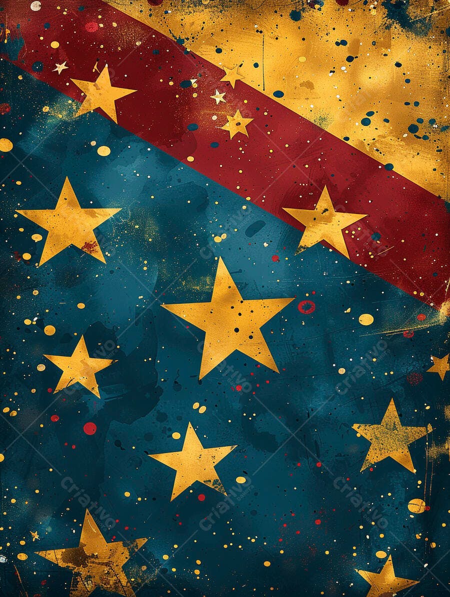 Estrelas douradas fundo abstrato texturizado azul vermelho e dourado com splatters