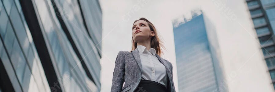 Mulher profissional caucasiana em blazer cinza olhando edifícios modernos na cidade