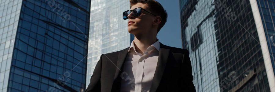 Jovem empresário de terno preto e óculos de sol em prédios modernos