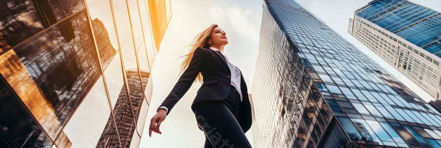 Mulher empresária caminhando confiante em terno escuro entre arranha-céus urbanos