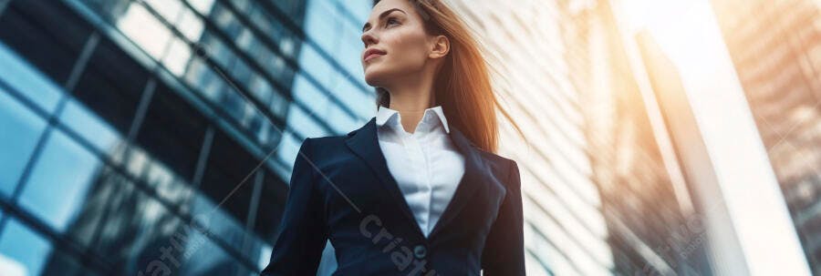 Mulher de negócios caucasiana confiante em terno azul no distrito financeiro