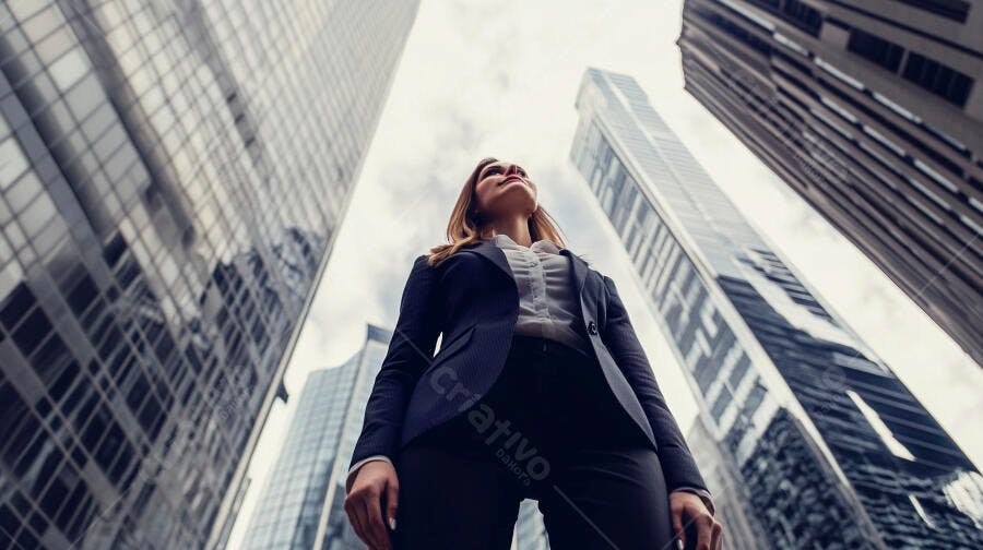 Mulher empresária confiante com terno azul entre arranha-céus da cidade