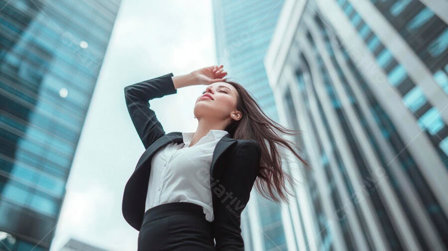 Mulher de negócios caucasiana relaxando no centro urbano com arranha-céus azuis