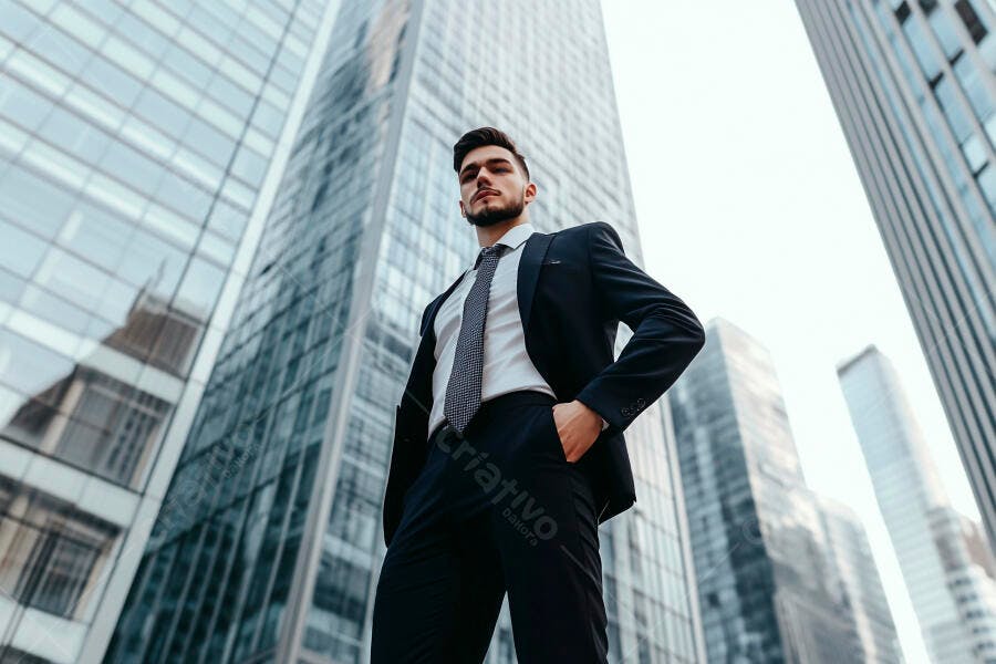 Homem de terno escuro confiante em frente a arranha-céus corporativos modernos