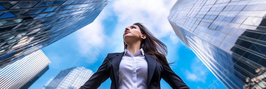 Mulher de negócios olhando para o futuro em metrópole com edifícios modernos