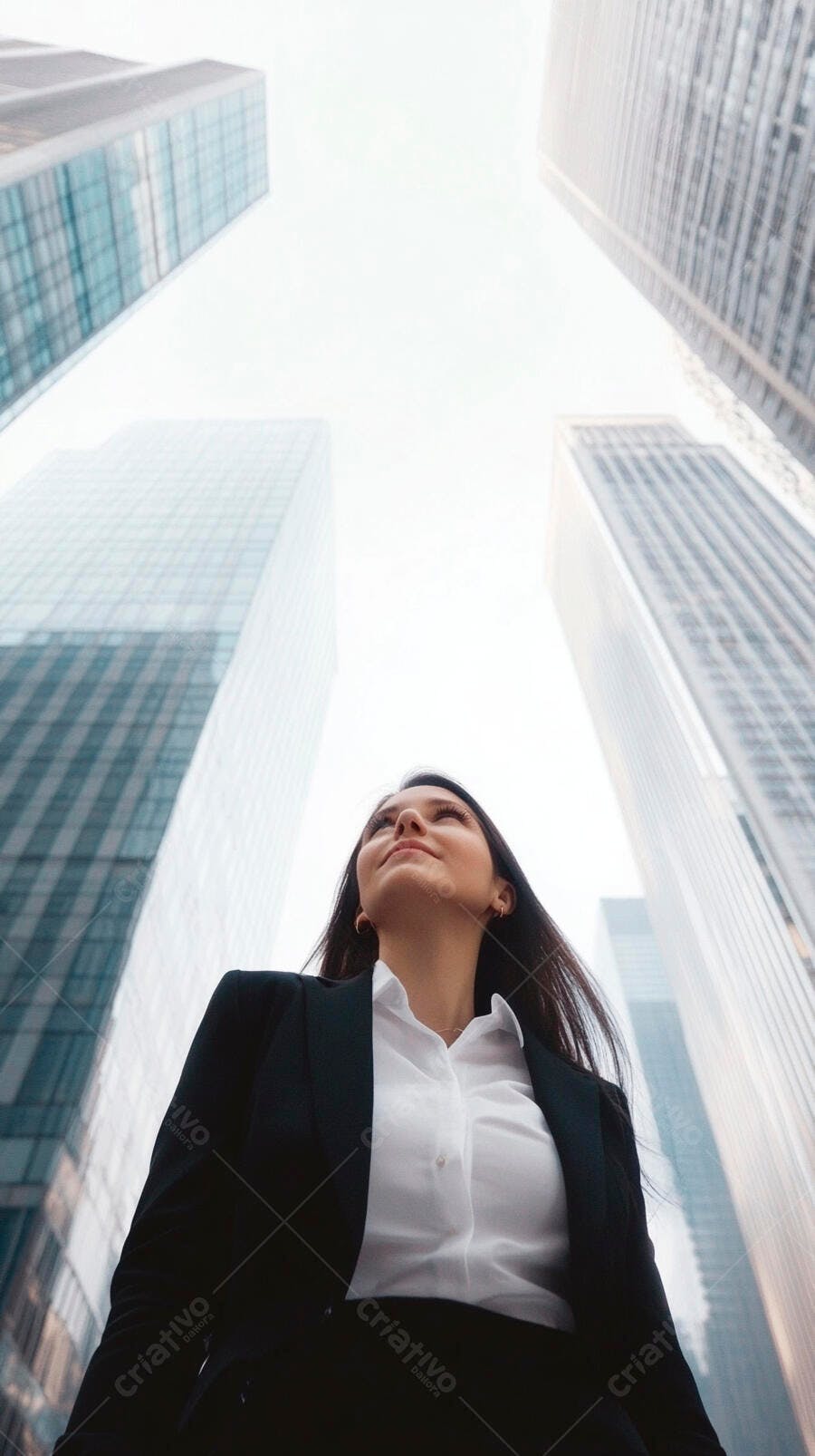 Mulher empresária olhando para o alto entre arranha-céus modernos da cidade