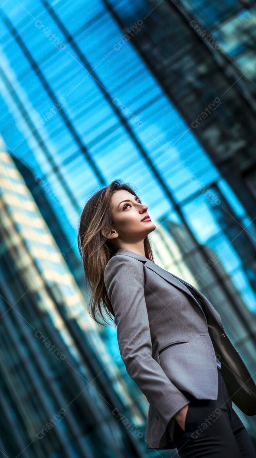 Mulher profissional olhando para o alto em frente a edifício moderno azul