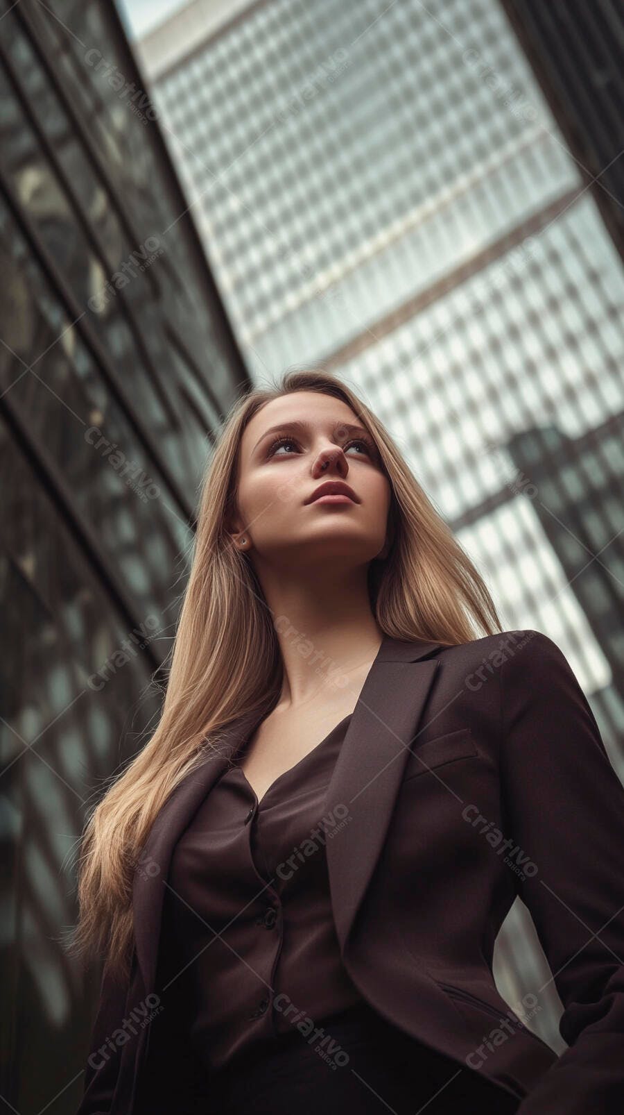 Mulher loira de negócios com blazer marrom em distrito financeiro