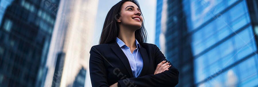 Mulher de negócios confiante sorrindo em frente a prédios modernos azuis