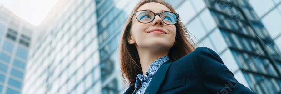 Mulher jovem executiva sorrindo com óculos em frente a prédios modernos