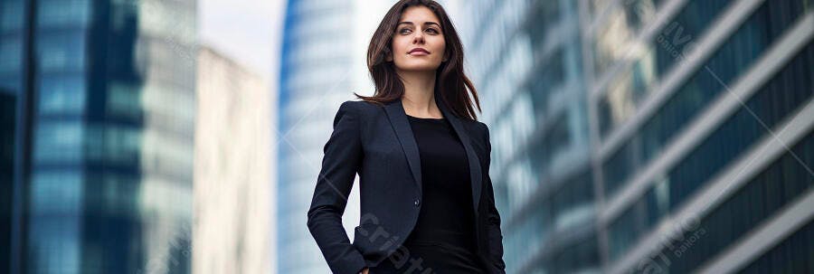 Mulher executiva caucasiana em blazer azul escuro no centro urbano