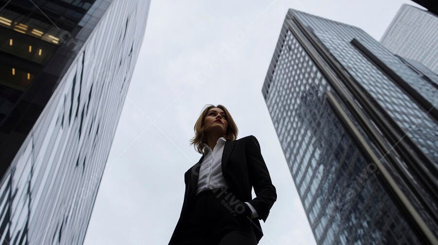 Mulher de negócios jovem e ambiciosa olhando para o céu entre prédios urbanos modernos