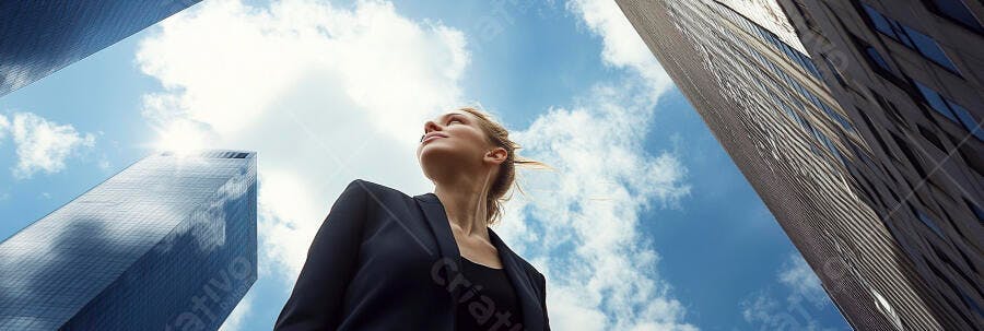 Mulher loira profissional terno escuro olhando para o céu azul entre prédios modernos