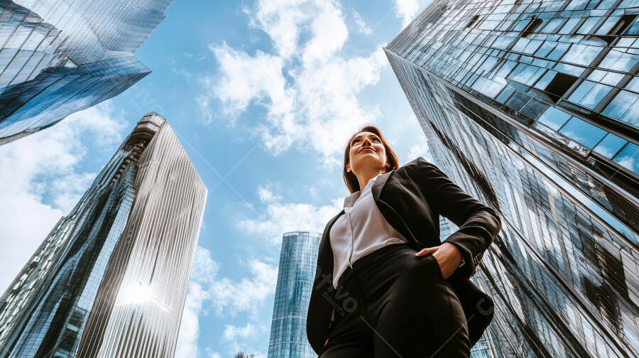 Mulher de negócios em terno preto olhando para cima entre prédios de vidro modernos