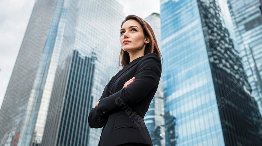 Mulher de negócios caucasiana confiante em frente a prédios corporativos azuis