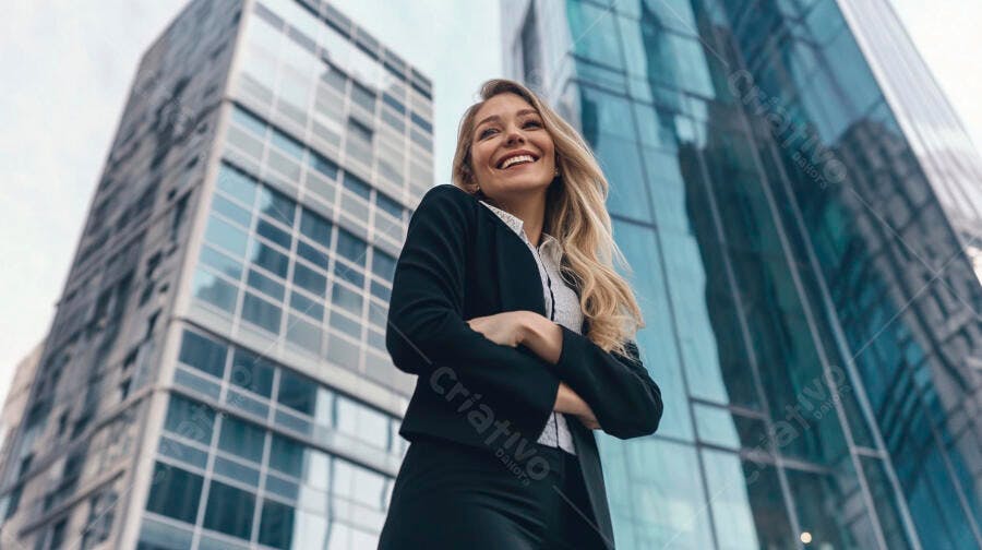 Mulher de negócios loira sorrindo com braços cruzados em frente a prédios modernos
