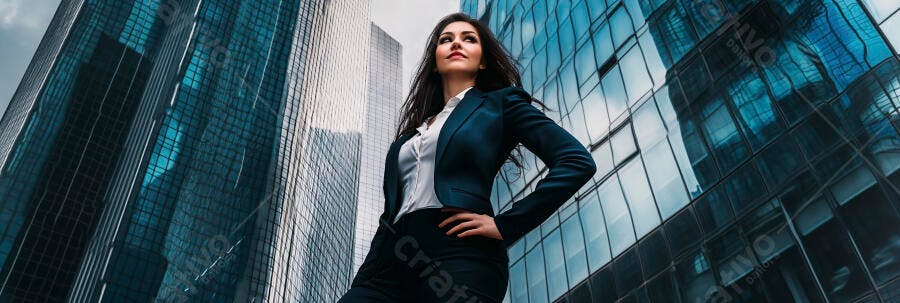 Mulher executiva confiante em terno azul escuro na cidade