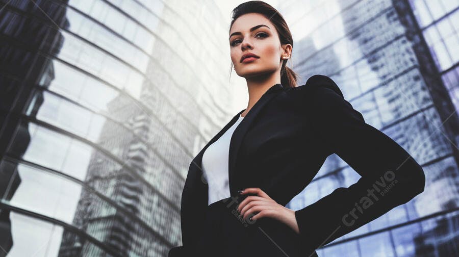 Mulher executiva confiante em blazer preto diante de moderno prédio de vidro