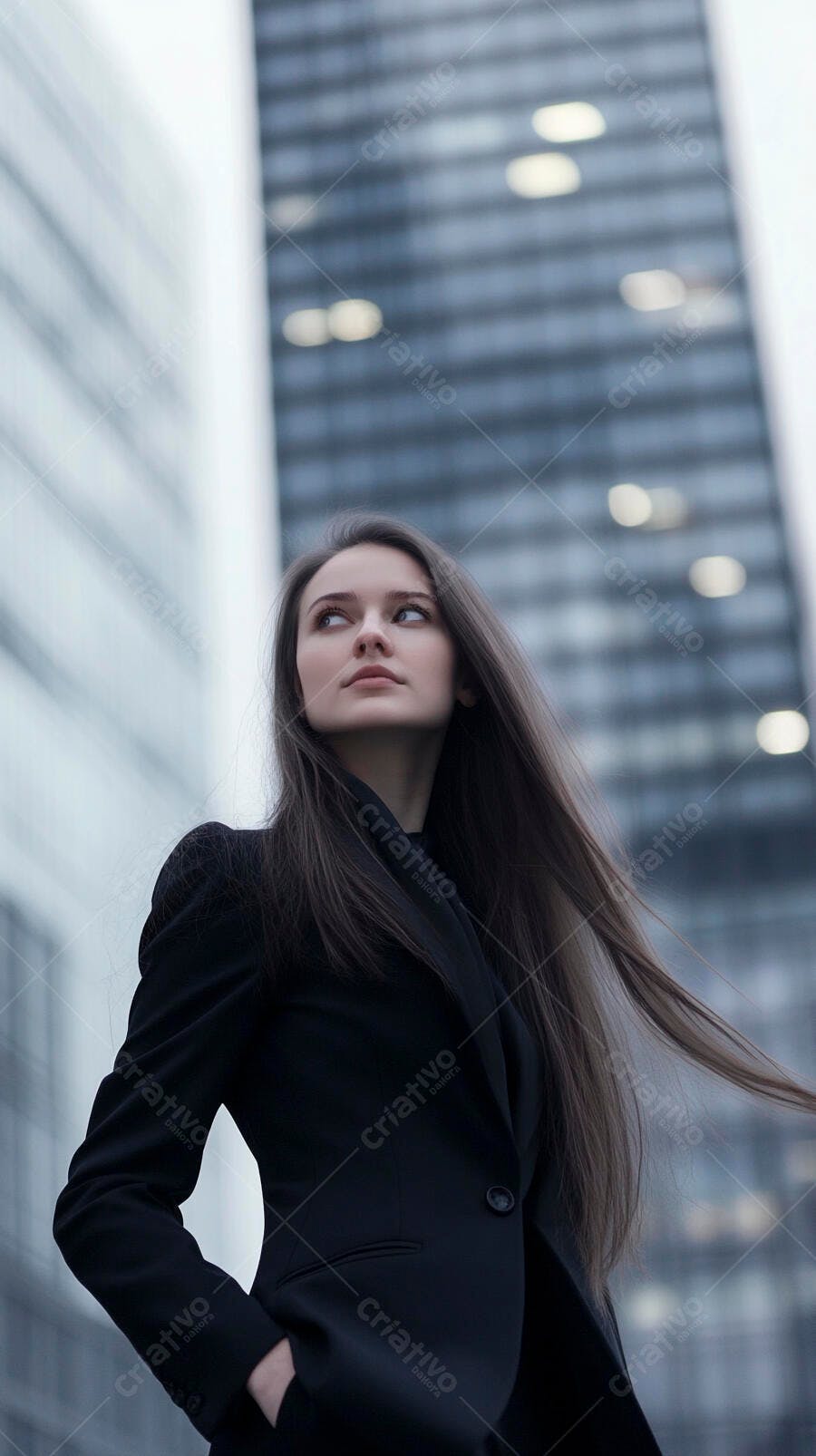 Mulher de negócios caucasiana olhando para cima em cidade moderna