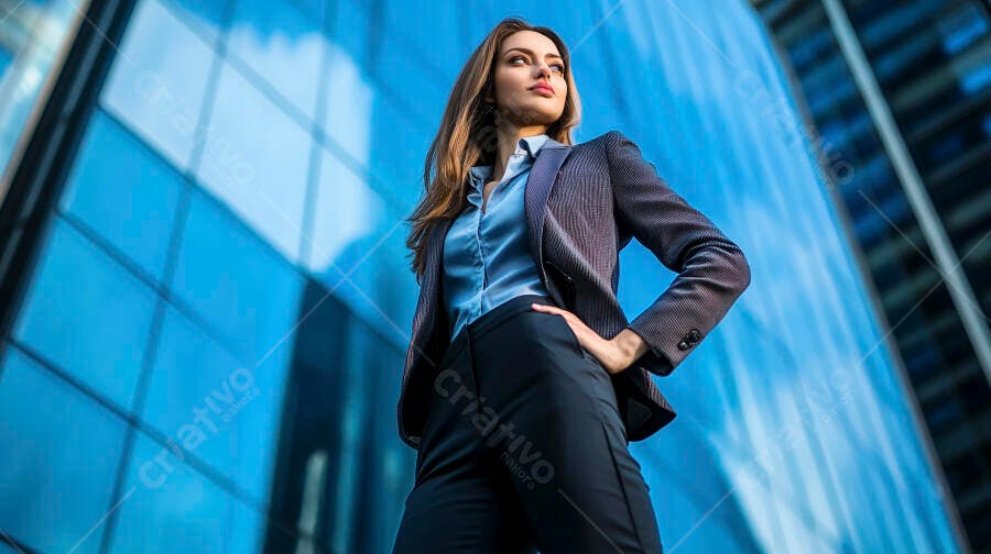 Mulher profissional confiante em blazer cinza e camisa azul em edifício moderno