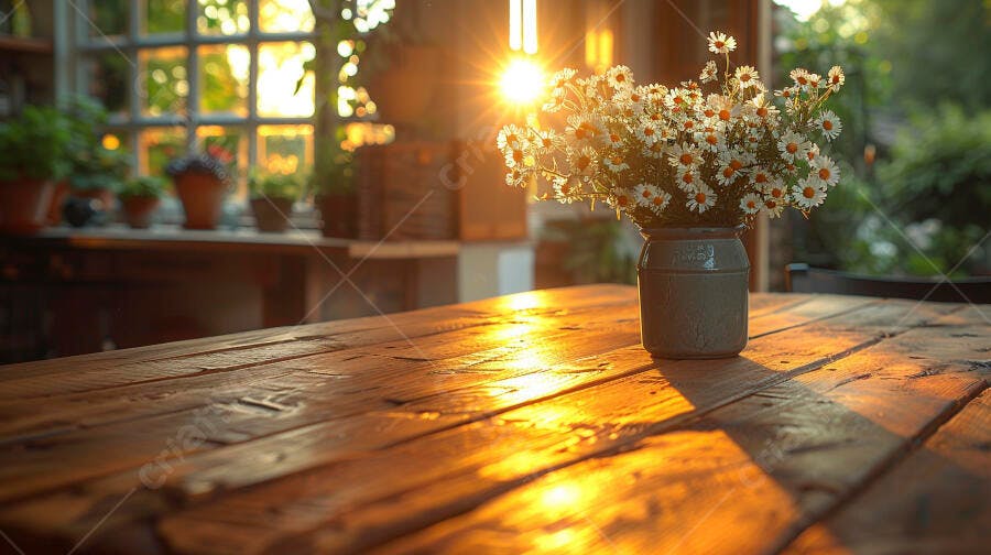 Vaso de margaridas brancas em mesa de madeira rústica com luz do sol dourada